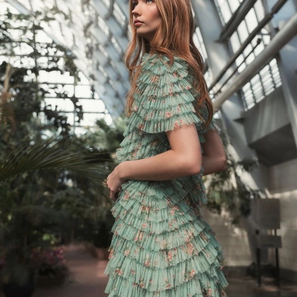 NWT Mac Duggal 8014 Green Ruffle Tiered Short Sleeve A Line Dress Size 6 - Picture 4 of 15